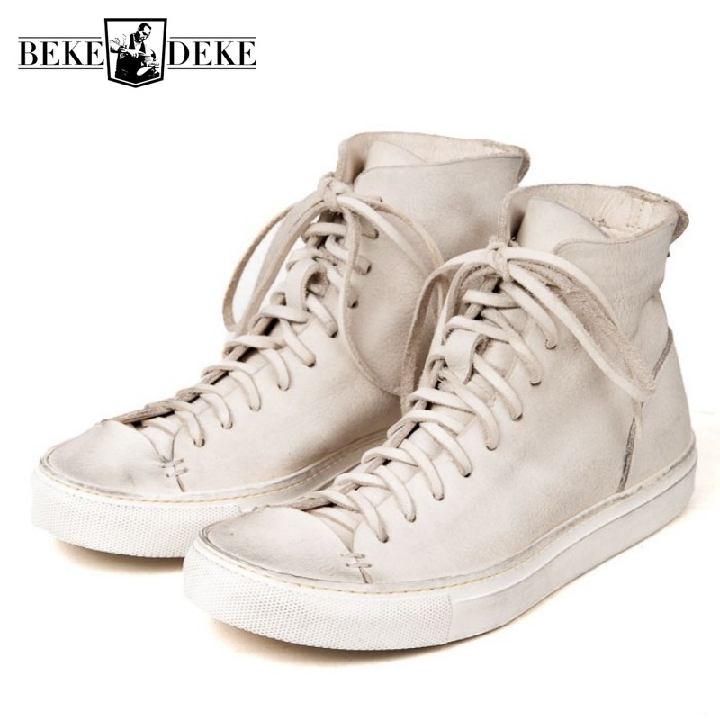 Vintage Leatherwork - ของแท้หนัง Cowhide Vintage ชายสูงด้านบนรองเท้าลูกไม้ขึ้นแพลตฟอร์มรองเท้าผ้าใบสีขาว Handmade Luxury
