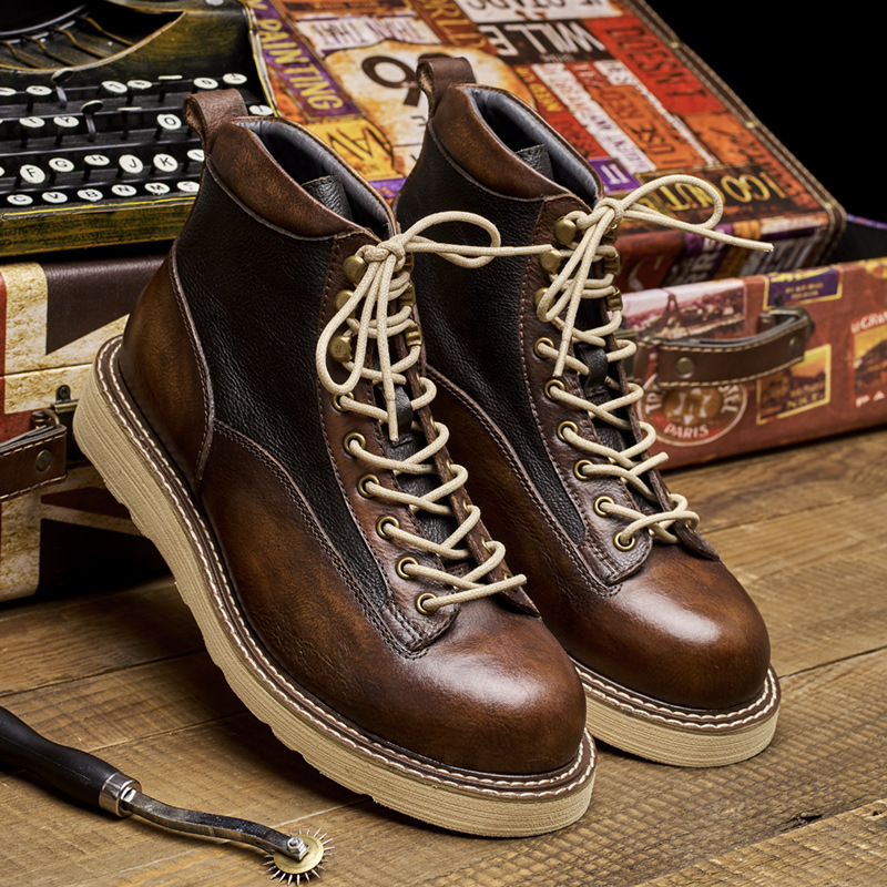Vintage Leatherwork - รองเท้าบูททำงานแบบสั้นสำหรับผู้ชาย สไตล์อเมกัจิ หนังแท้ทรงสูง รองเท้าบูทข้อเท้าสไตล์วินเทจอังกฤษสำหรับใส่ลำลอง รองเท้าบูทสำหรับขี่มอเตอร์ไซค์