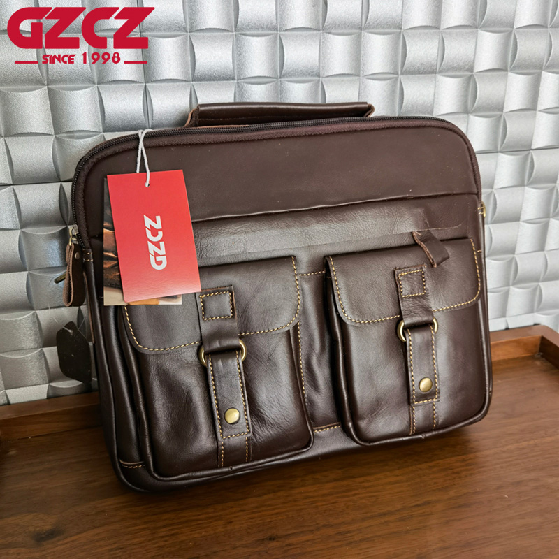 Leather Work Handbag - GZCZ กระเป๋าถือผู้ชาย กระเป๋าคอมพิวเตอร์สำหรับธุรกิจ หนังวัวชั้นบนสุด กระเป๋าเอกสารแนวนอน กระเป๋าสะพายสำหรับทำงาน