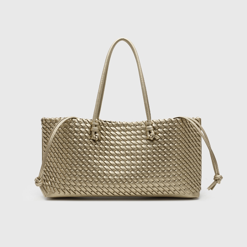 Leather Work Handbag - กระเป๋าโท้ทหนัง PU ดีไซน์หรูหรา ทอแบบพิเศษ พร้อมหูหิ้วด้านบน สายสะพายยาว