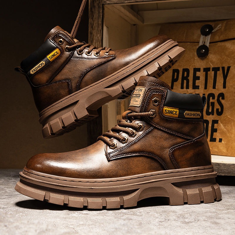 Vintage Leatherwork - Vintage Men Platformข้อเท้ารองเท้าฤดูใบไม้ร่วงฤดูหนาวอังกฤษเชลซีรองเท้าหนังกลางแจ้งลื่นสบายๆรองเท้าทํางานBotas Hombre