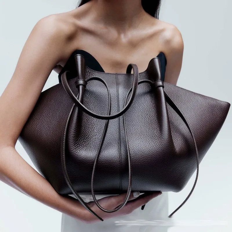 Leather Work Handbag - กระเป๋าหนังสะพายไหล่ทรง Dumpling สำหรับผู้หญิง กระเป๋าถือ Hobo ขนาดใหญ่