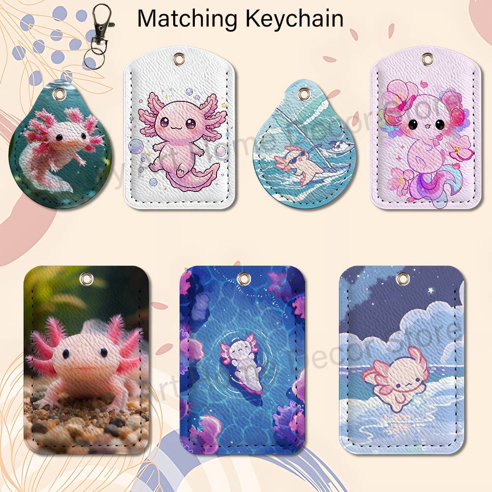 Leather Work Leather - พวงกุญแจการ์ตูน A-Axolotl สีชมพูน่ารัก สำหรับใส่บัตรทำงาน บัตรธนาคาร บัตรนักเรียน