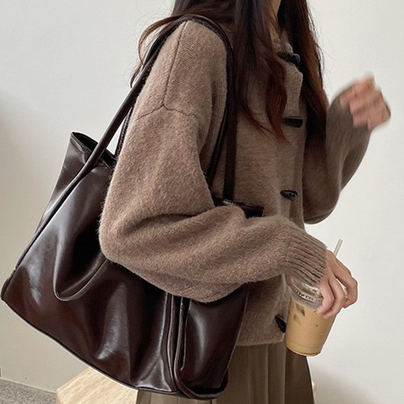 Leather Work Handbag - 2026 ผู้หญิงใหม่กระเป๋าสะพายวินเทจสำหรับสุภาพสตรีทำงานเดินทางกระเป๋าถือความจุขนาดใหญ่หญิงสไตล์เกาหลีสตรีทแฟชั่นกระเป๋าโท้ท