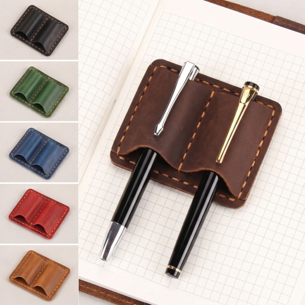 Leather Work Notepad - ที่ใส่ปากกาหนังวินเทจแบบคู่ ดีไซน์หรูหรา ทำมือ สไตล์เรโทร พร้อมคลิปโลหะกันหลุด สำหรับใส่ปากกาในสมุดบันทึก