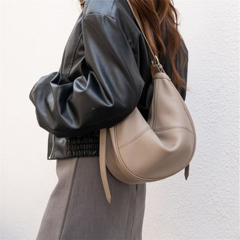 Leather Work Handbag - BURMINSA กระเป๋าหนังแท้ทรงครึ่งวงกลมสำหรับผู้หญิง กระเป๋าสะพายไหล่หนังวัวทรงหลวม สไตล์เรโทร เหมาะสำหรับใช้งานประจำวัน กระเป๋าสะพายข้างและกระเป๋าถือ