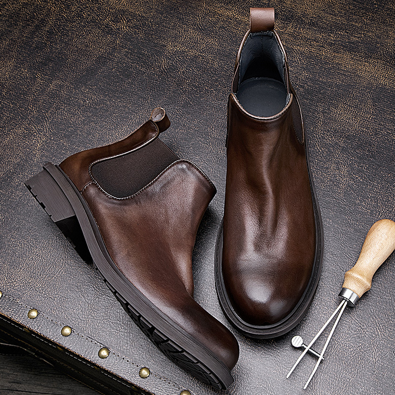 Vintage Leatherwork - รองเท้าบูทมอเตอร์ไซค์ฤดูใบไม้ร่วงสำหรับผู้ชาย | รองเท้าบูทเชลซีหนังแท้สไตล์วินเทจพื้นรองเท้าแบบสบาย | รองเท้าบูทหุ้มข้อแบบสูงสไตล์ลำลอง