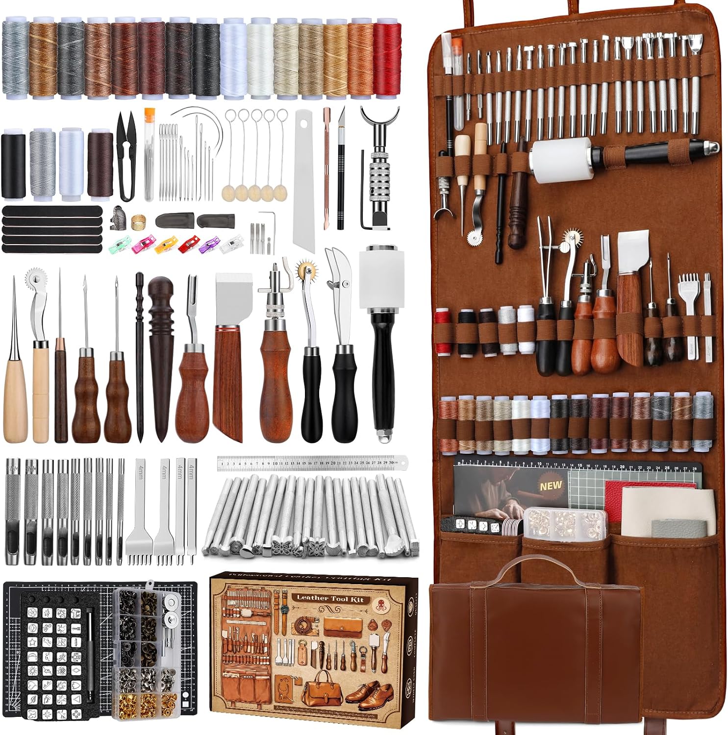Leather Work Leather - ชุดอุปกรณ์งานหนัง, เครื่องมือทำงานหนังและชุดงานฝีมือพร้อมกระเป๋าเก็บของแบบกำหนดเอง, อุปกรณ์แกะสลัก, ตัด, เย็บ, ปั๊ม,