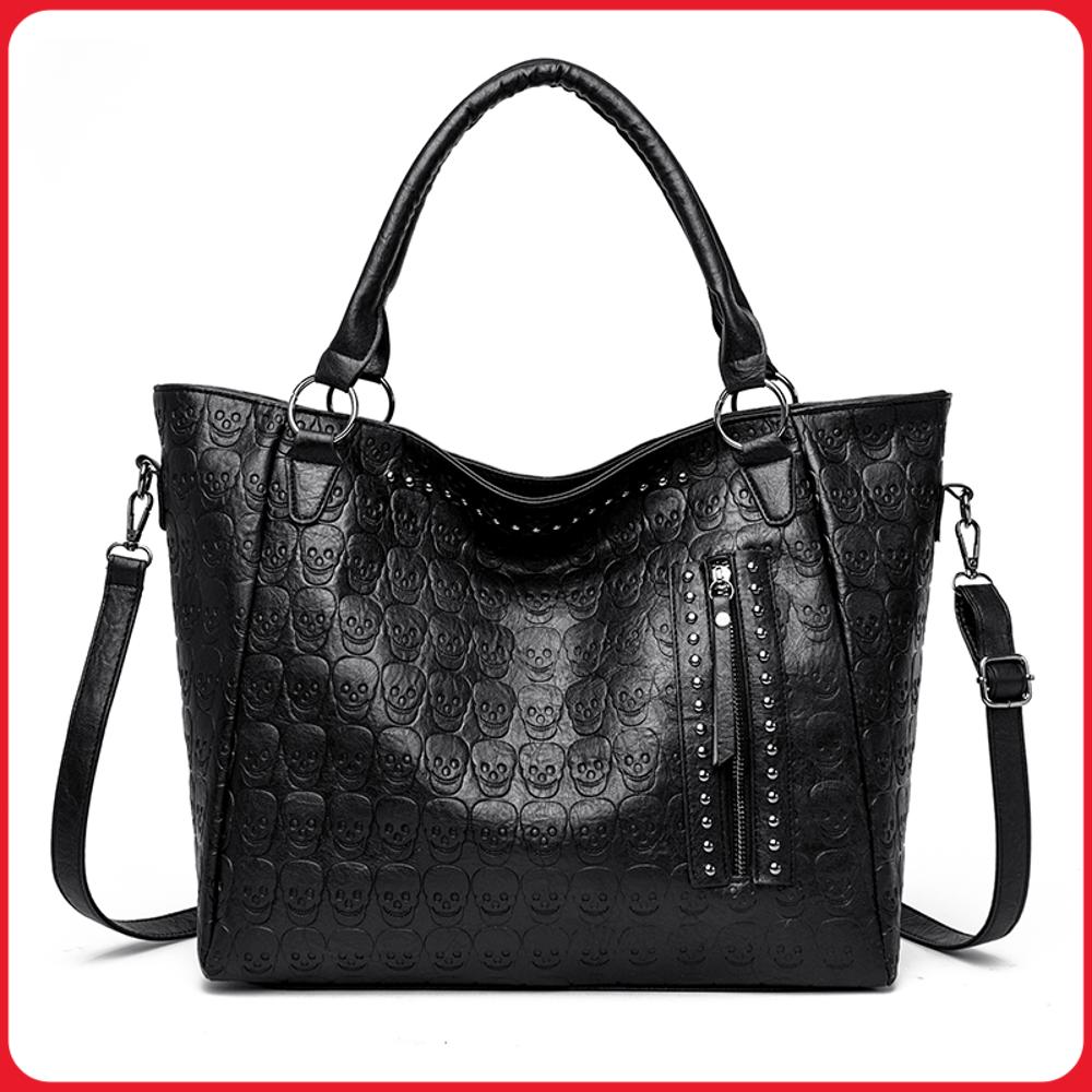Leather Work Handbag - กระเป๋าสะพายข้างลายหัวกะโหลกสไตล์พังก์ หนัง PU ประดับหมุด กระเป๋าถือแฟชั่น ความจุเยอะ