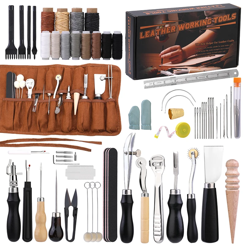 Leatherwork Projects - KRABALL Professional หนังหัตถกรรมชุดเครื่องมือเย็บมือชุดซ่อมด้ายขี้ผึ้งเย็บ Punch แกะสลักทํางาน Groover